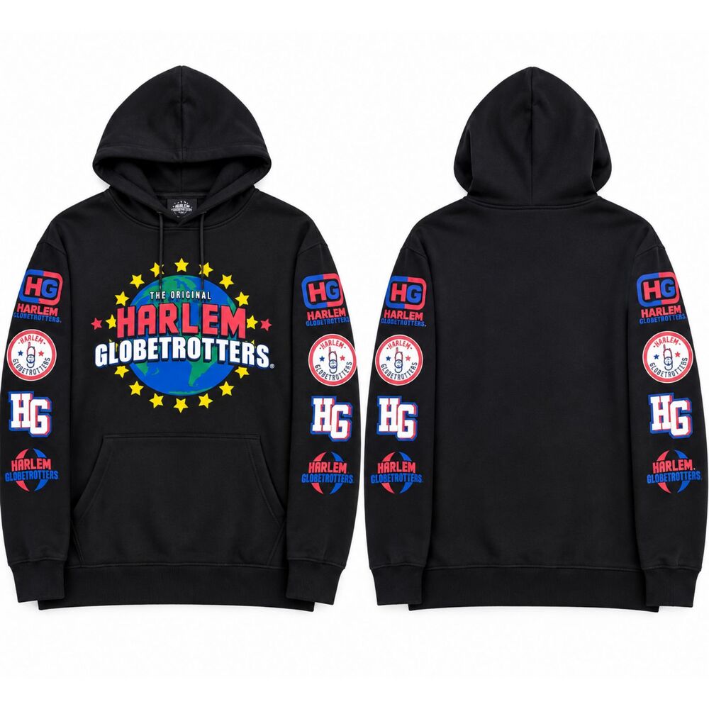 Harlem Globetrotters Mens Large Black Graphic Fleece Pullover Hoodie NWT